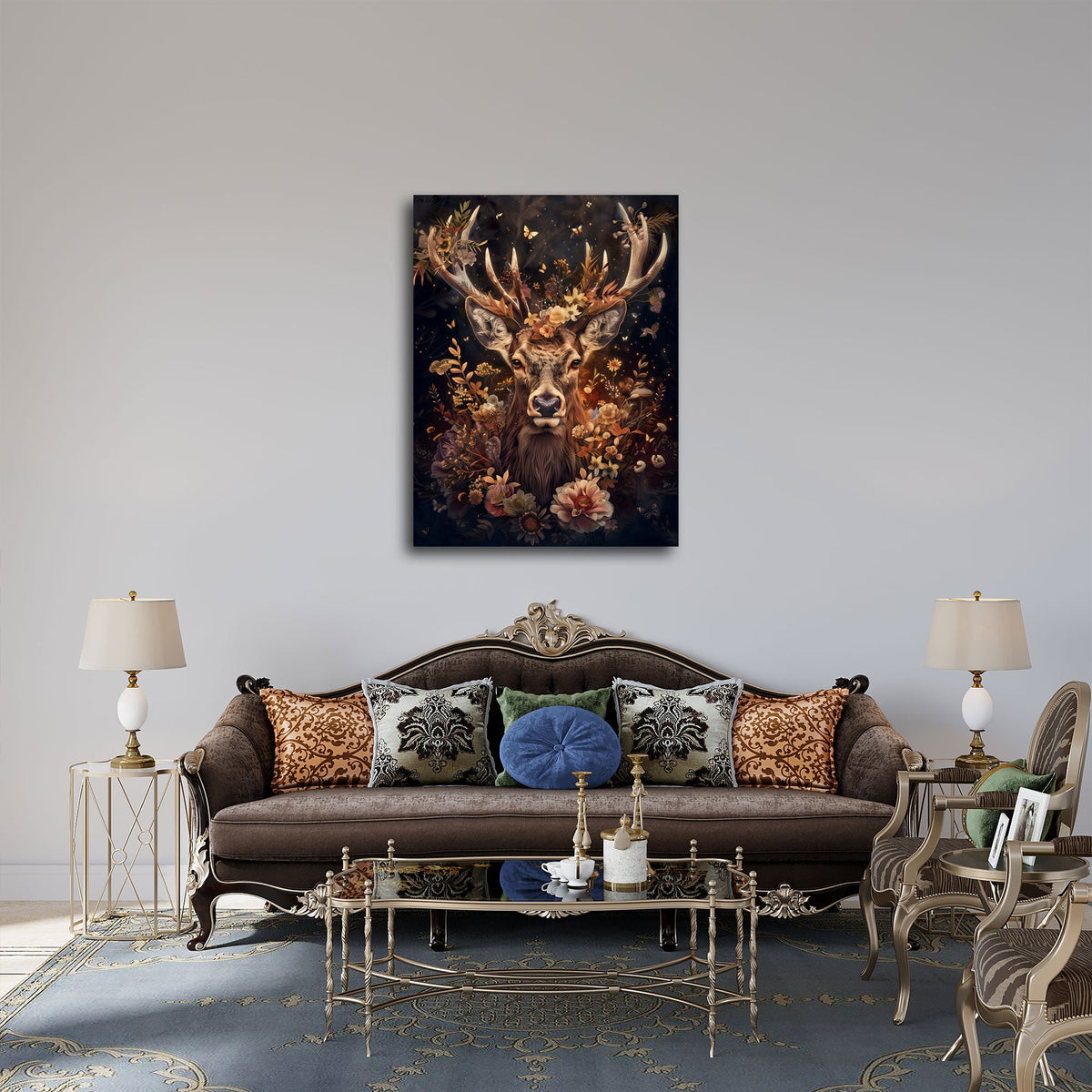 Florales Hirsch Wandbild über dem Sofa im Wohnzimmer