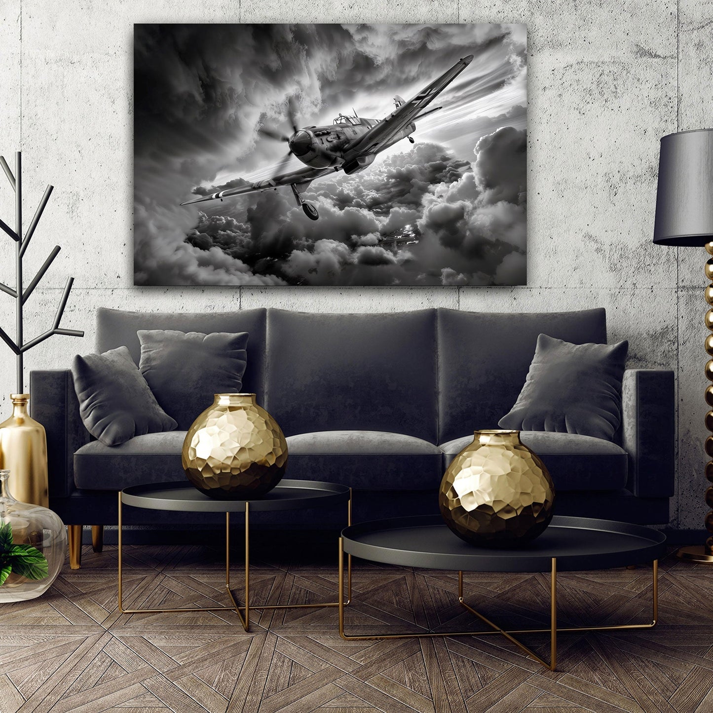 Schwarz-Weiß Flugzeug Wandbild über dem Sofa im Wohnzimmer