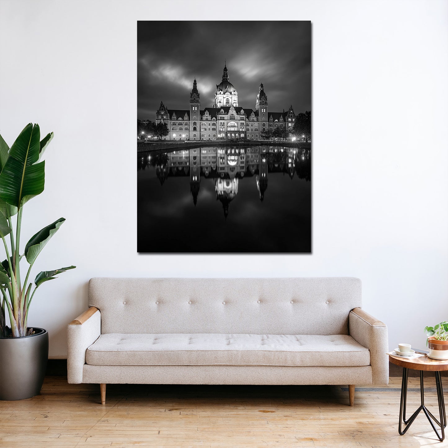 Historisches Rathaus Hannover schwarz weiß Wasserreflexion Wandbild