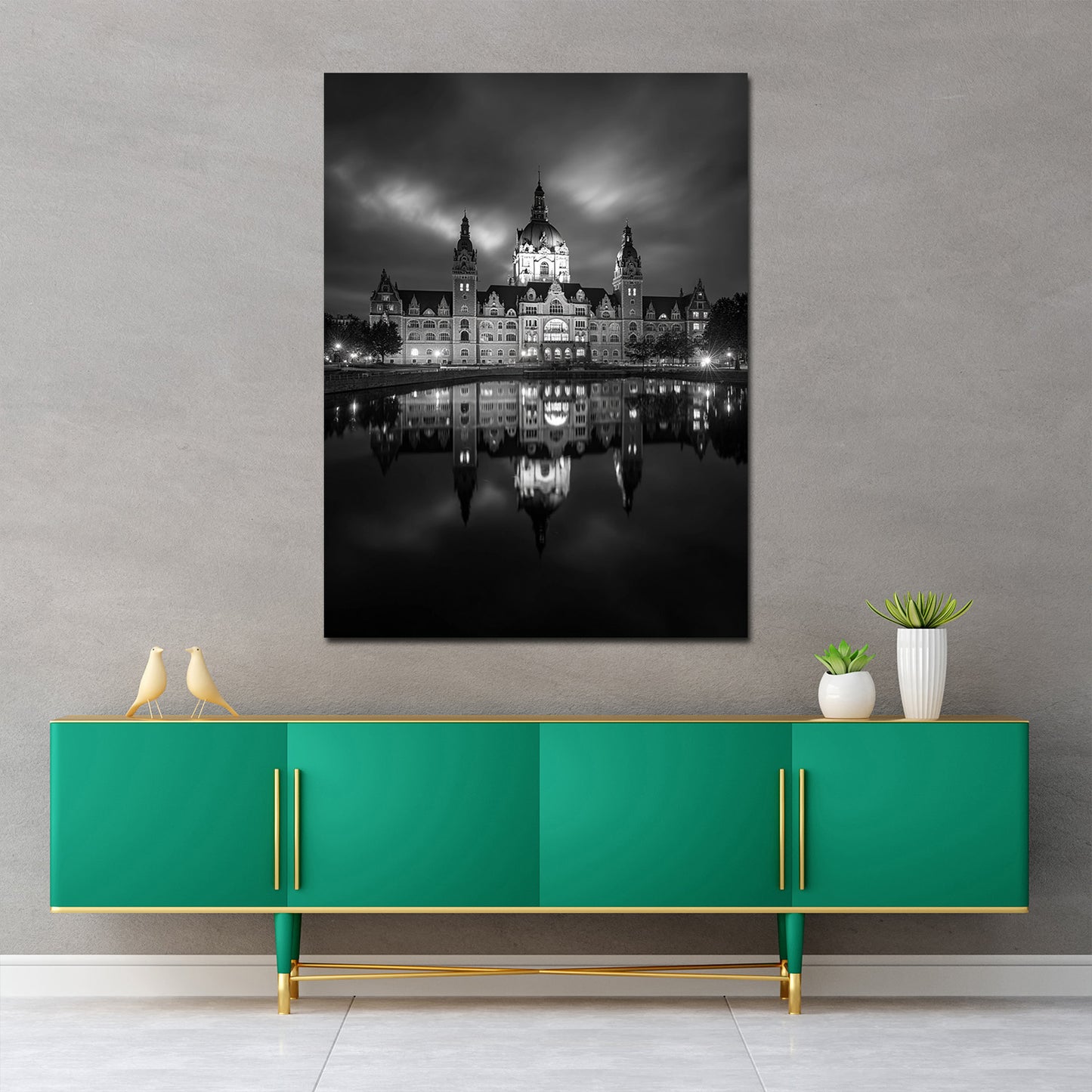 Historisches Rathaus Hannover schwarz weiß Wasserreflexion Wandbild