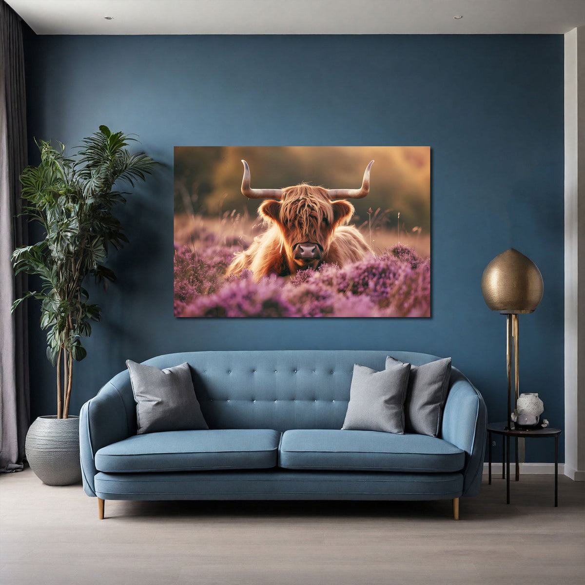 Hochlandrind Wandbild über dem Sofa im Wohnzimmer