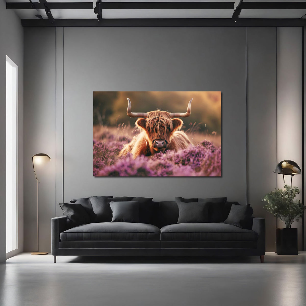 Schottisches Hochlandrind in der Heide als Wandbild im Flur