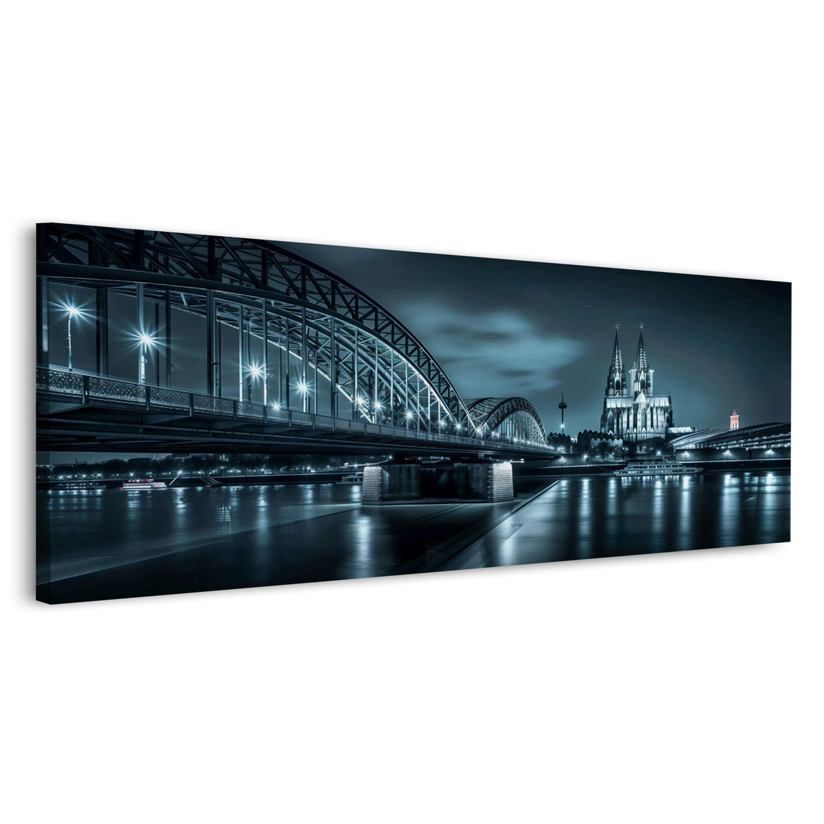 Panorama Wandbild Hohenzollernbrücke und Kölner Dom bei Nacht