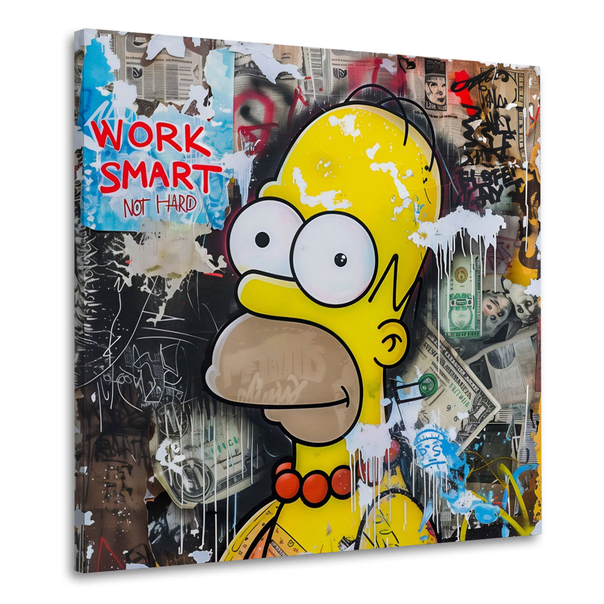 Wandbild gelbe Comicfigur mit Work Smart Not Hard Spruch als Collage