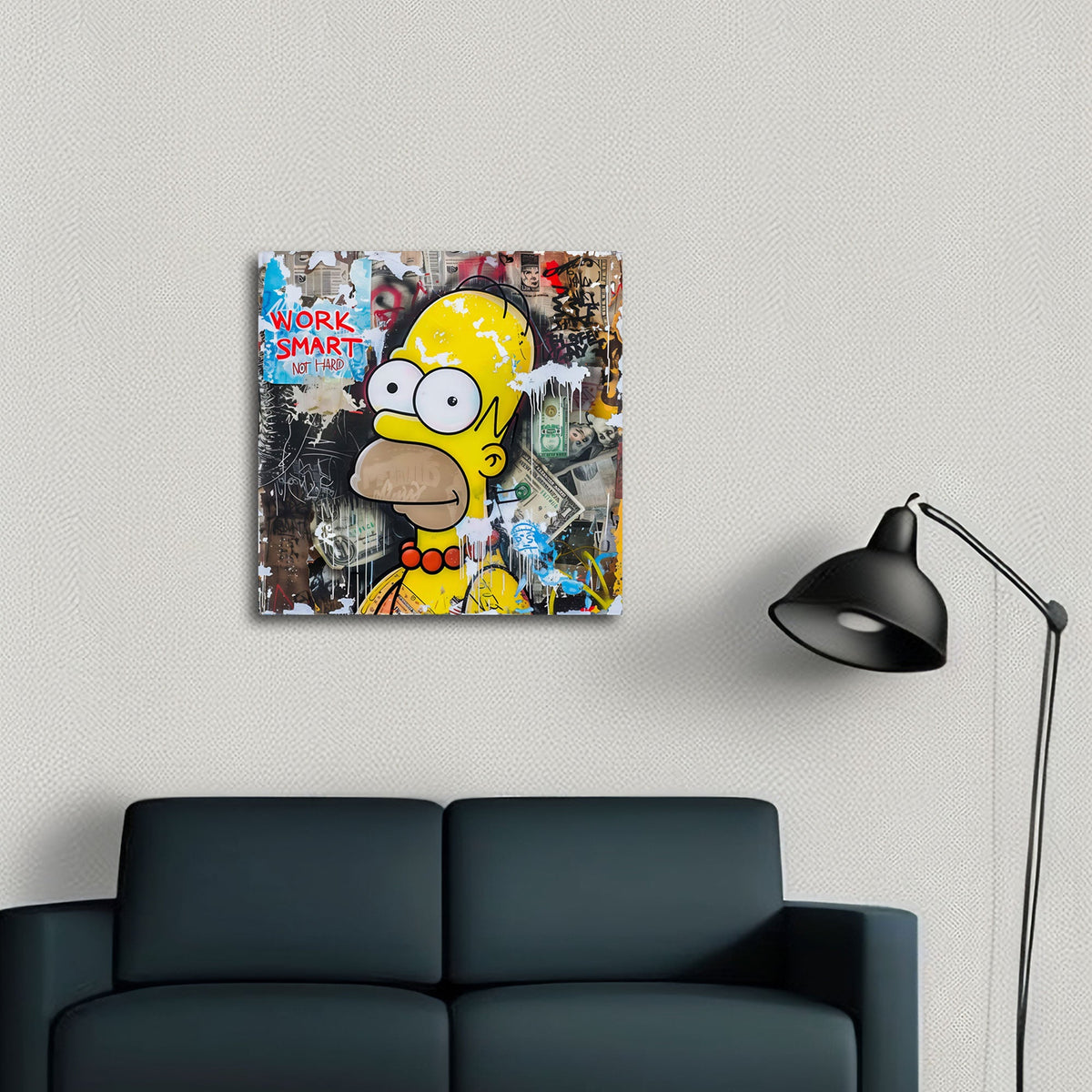 Detailansicht Street Art Collage Wandbild mit Graffiti und Geldscheinen