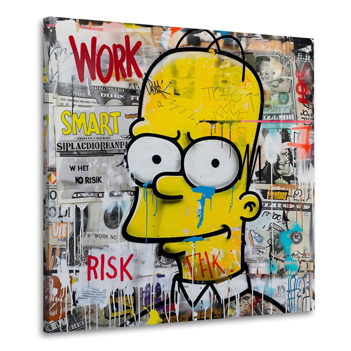 Wandbild gelbe Comicfigur mit Work Smart Schriftzug vor Zeitungscollage