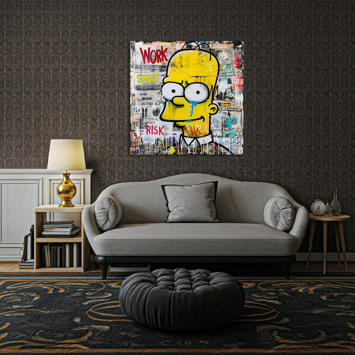 Quadratisches Street Art Wandbild mit gelber Comicfigur im Buero