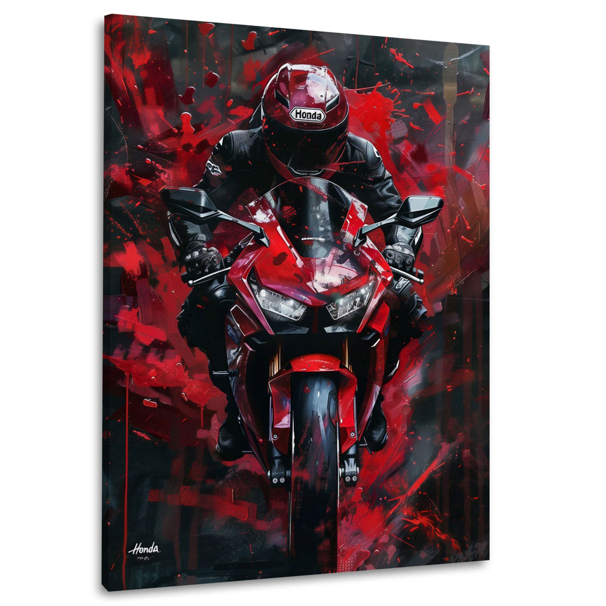 Wandbild Honda Motorrad in Rot und Schwarz mit Fahrer