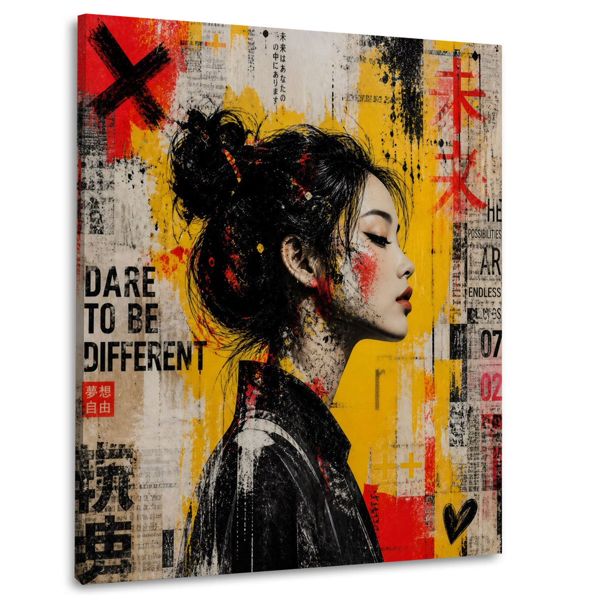 Wandbild japanische Frau im Profil mit Dare to be different Collage