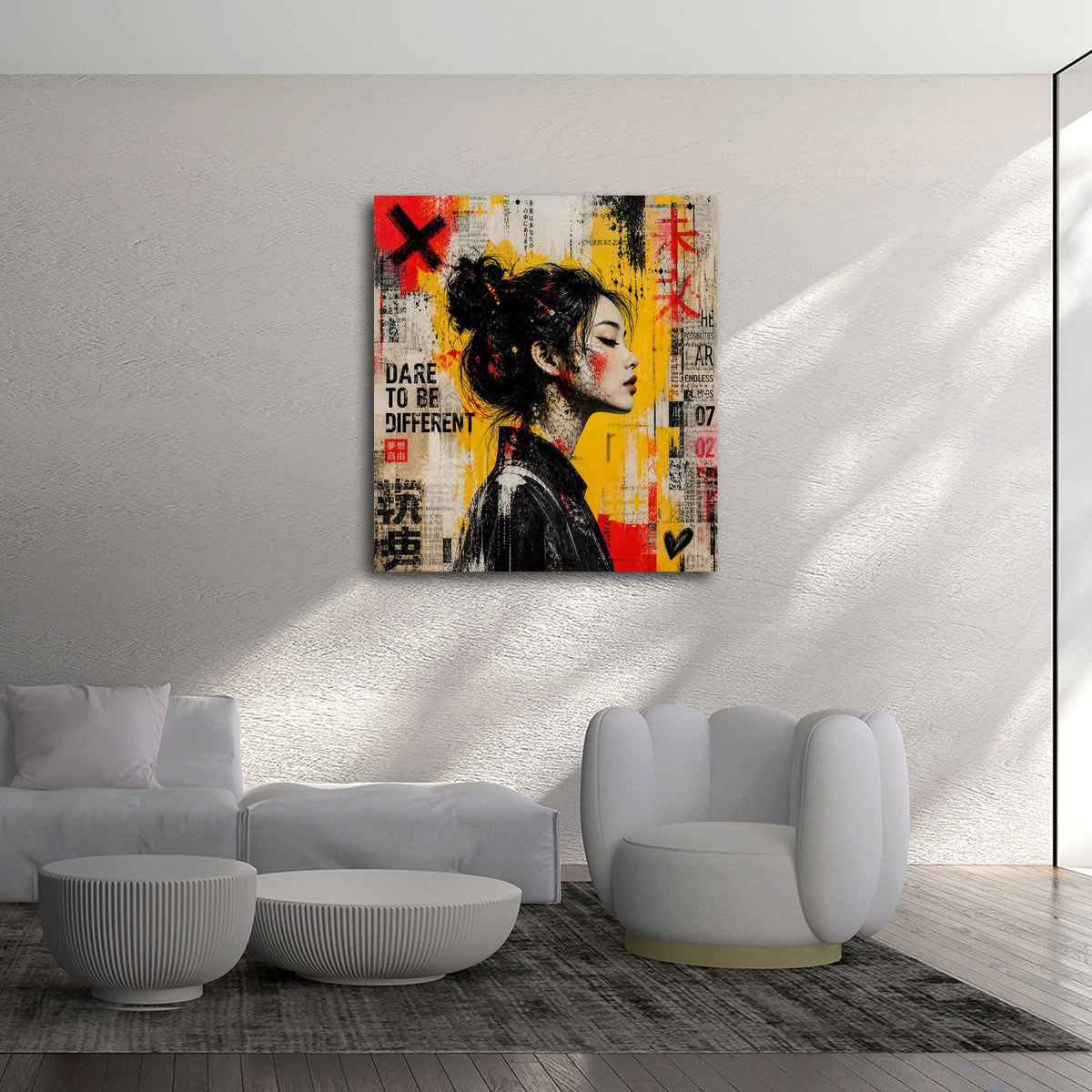 Grafisches Collage Wandbild in Gelb und Rot im modernen Wohnraum