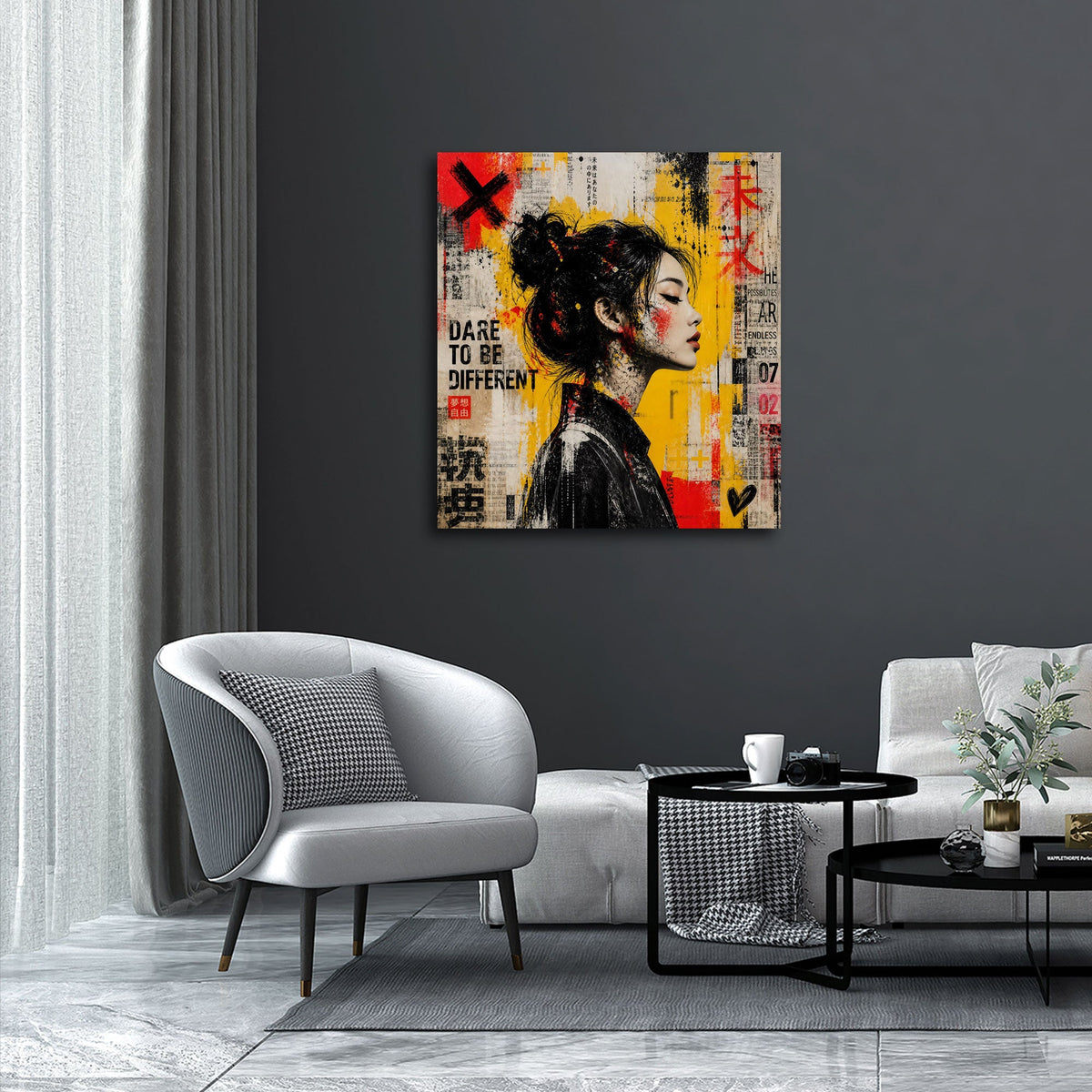Detailansicht Collage Wandbild mit japanischen Schriftzeichen und Farbspritzern