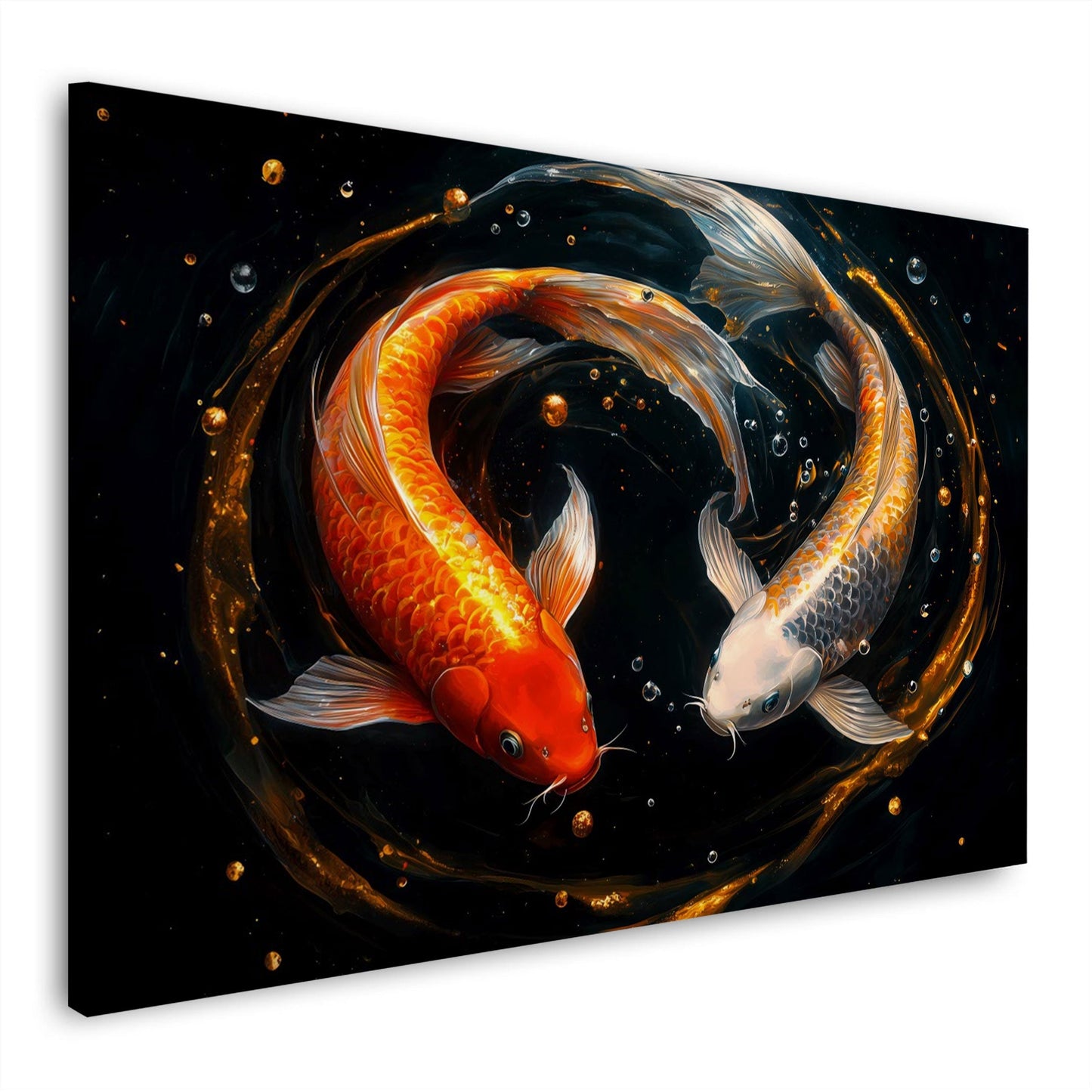 Zwei japanische Koi Fische mit goldenem Wirbel auf Schwarz – Wandbild im Querformat