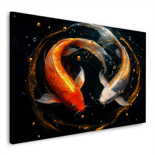 Zwei japanische Koi Fische mit goldenem Wirbel auf Schwarz – Wandbild im Querformat