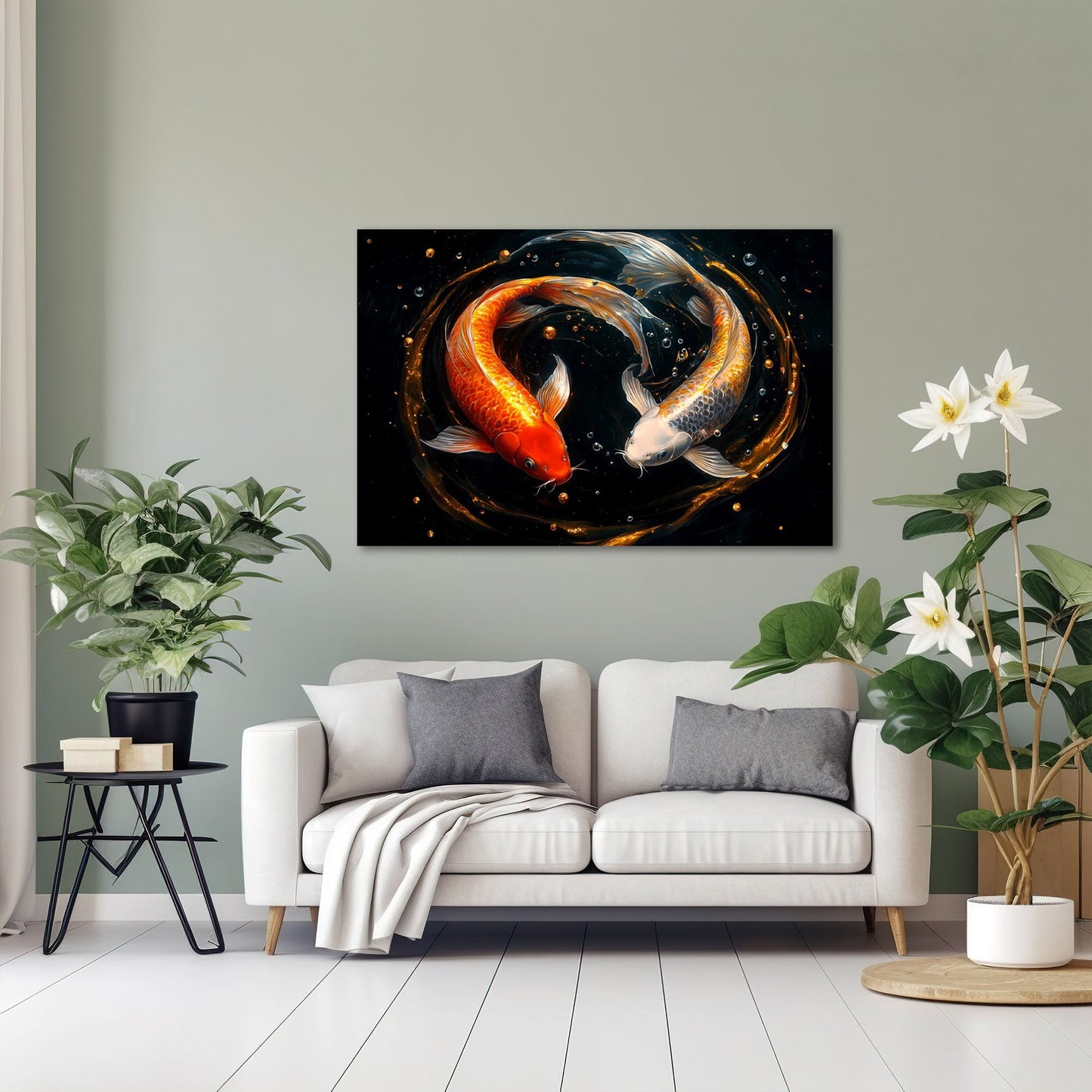 Japanisches Koi-Wandbild im ruhigen Schlafzimmer