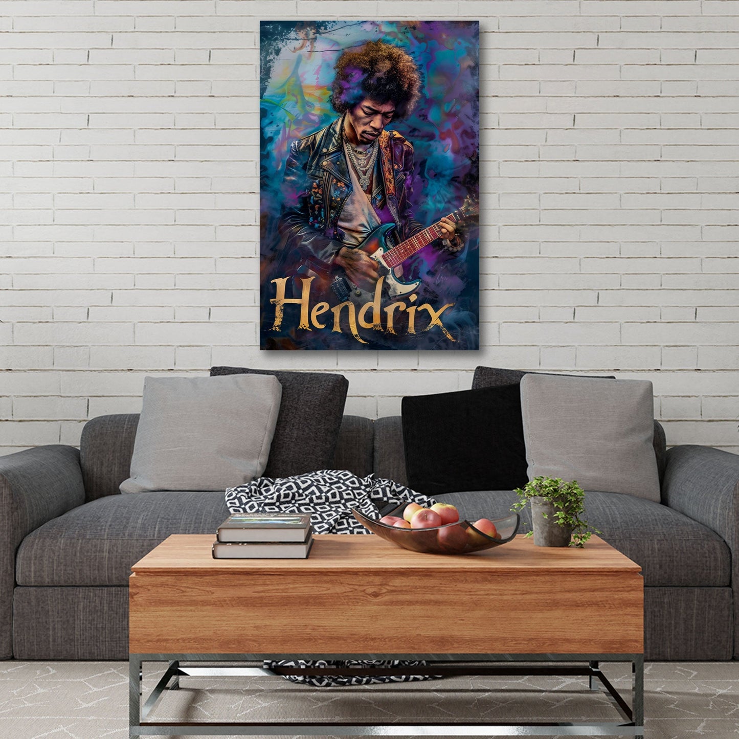 Hendrix Wandbild über der Couch im Wohnzimmer