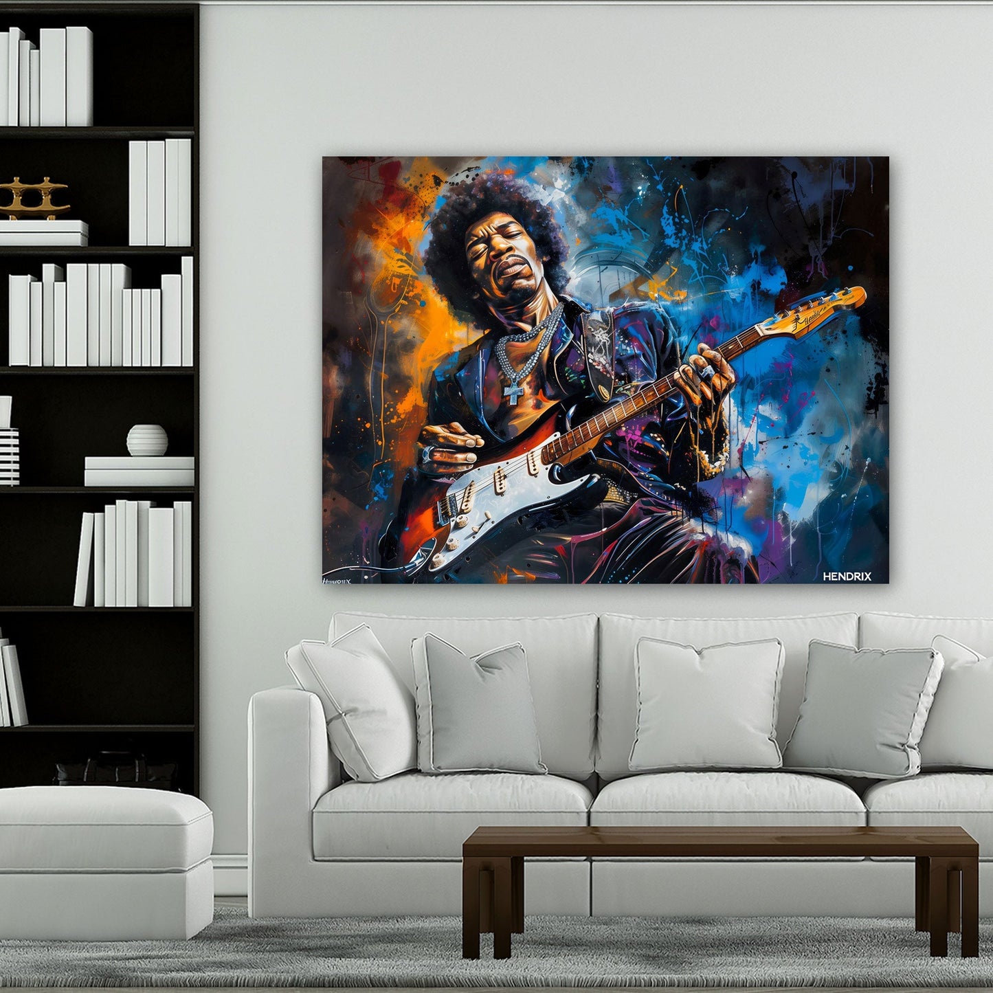 Hendrix Portrait mit weißer E-Gitarre Wandbild im Wohnzimmer