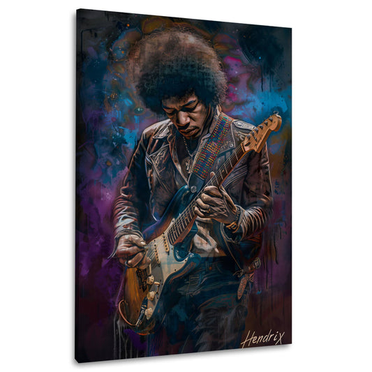 Gitarrist mit Afro und Stratocaster vor violettem Farbnebel – Wandbild im Hochformat