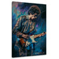 Musiker mit Afro und Stratocaster vor wirbelndem Farbnebel in Blau und Rosa – Wandbild im Hochformat