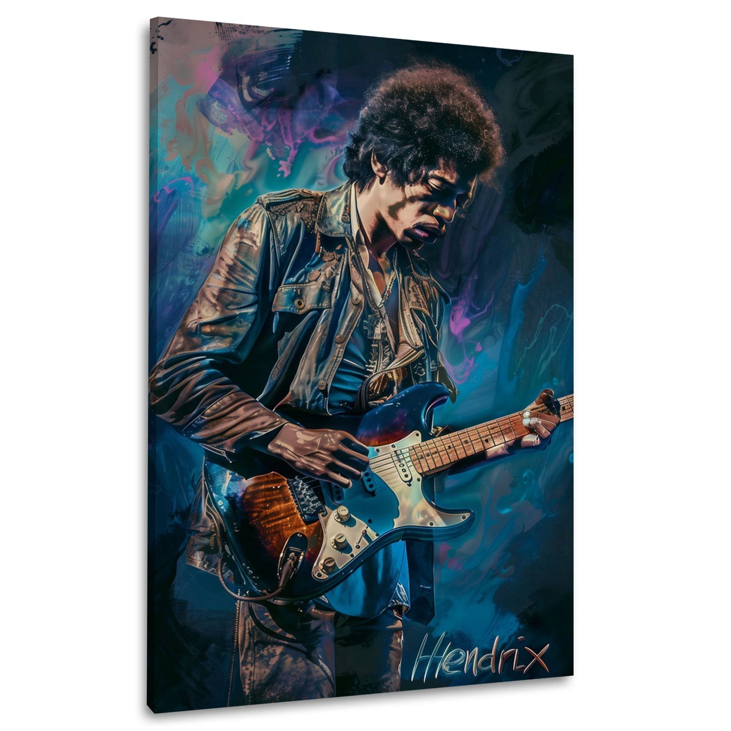 Musiker mit Afro und Stratocaster vor wirbelndem Farbnebel in Blau und Rosa – Wandbild im Hochformat