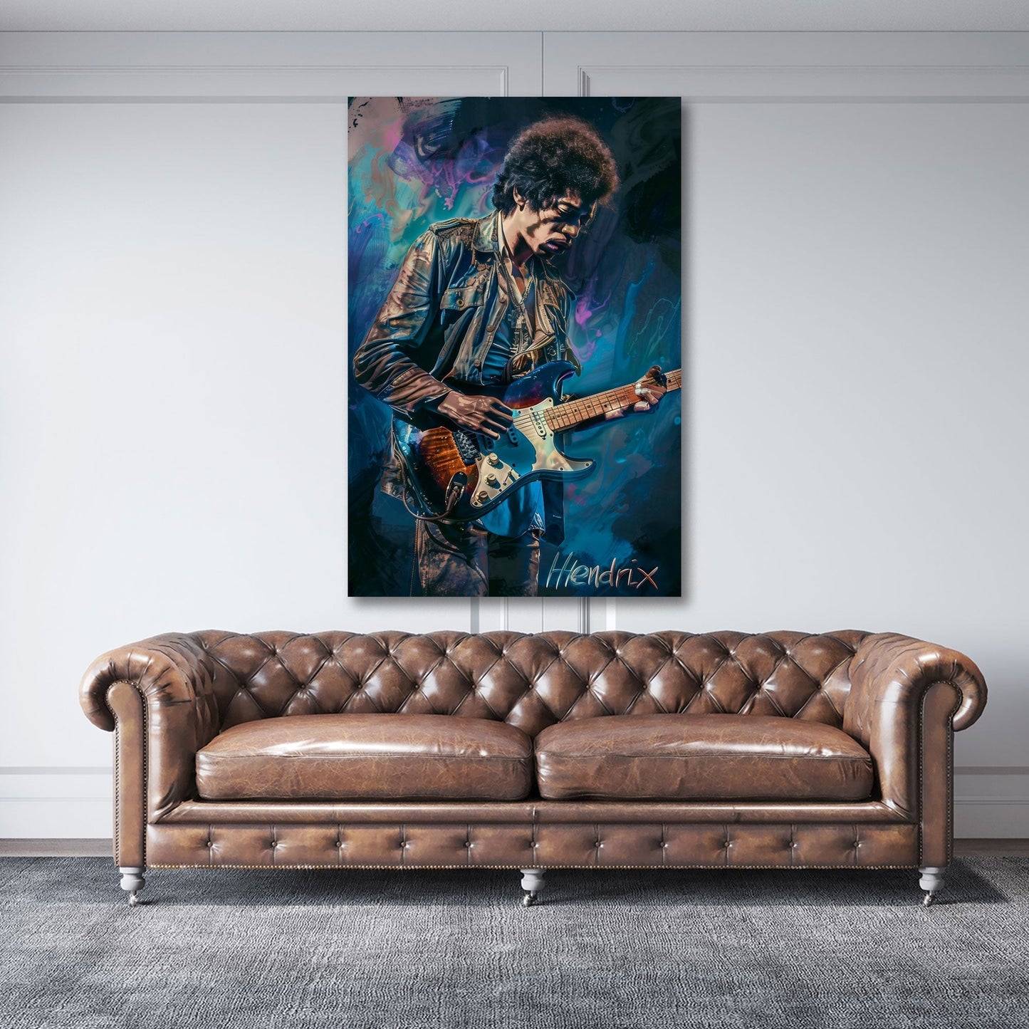 Hendrix Wandbild in Blau und Violett über dem Sofa im Wohnzimmer