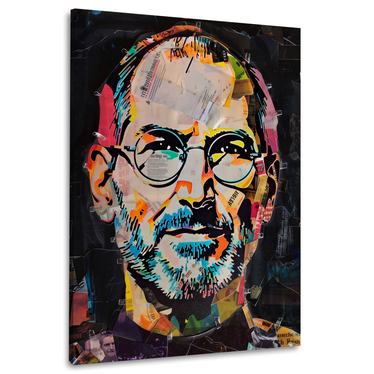 Jobs Porträt als bunte Papiercollage mit runder Brille als Wandbild
