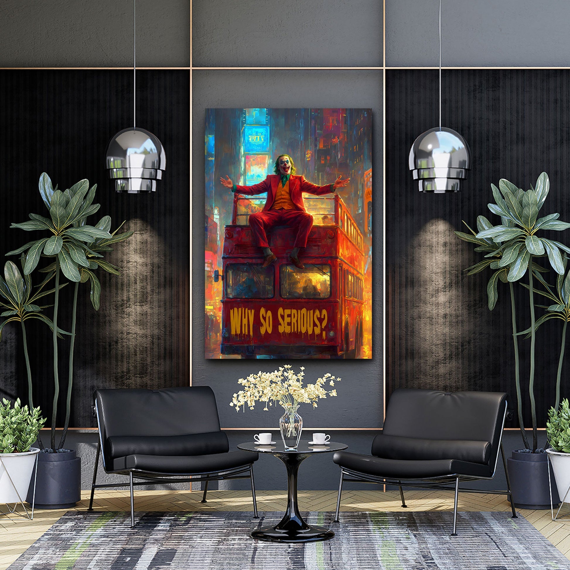 Joker vor leuchtender Skyline mit urbanem Flair Wandbild