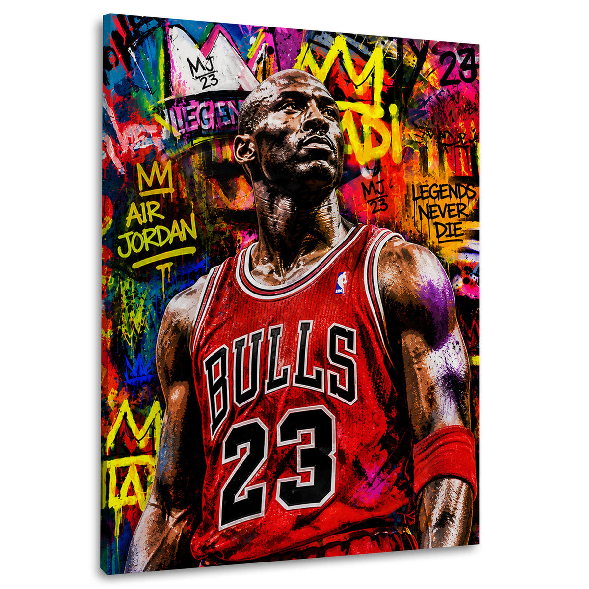 Wandbild Basketball Legende im roten Trikot vor Graffiti Collage
