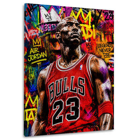 Wandbild Basketball Legende im roten Trikot vor Graffiti Collage
