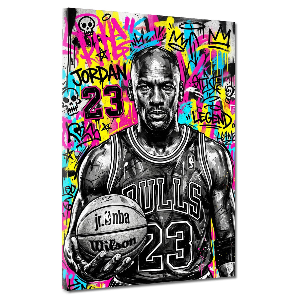 Wandbild Basketball Legende in Schwarz Weiß vor buntem Graffiti
