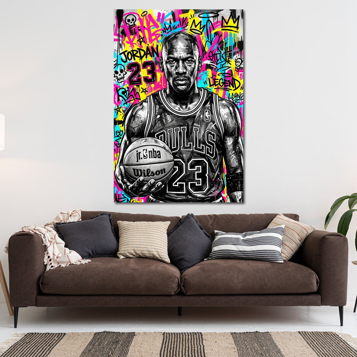Detailansicht Basketball Wandbild mit Graffiti in Pink und Gelb
