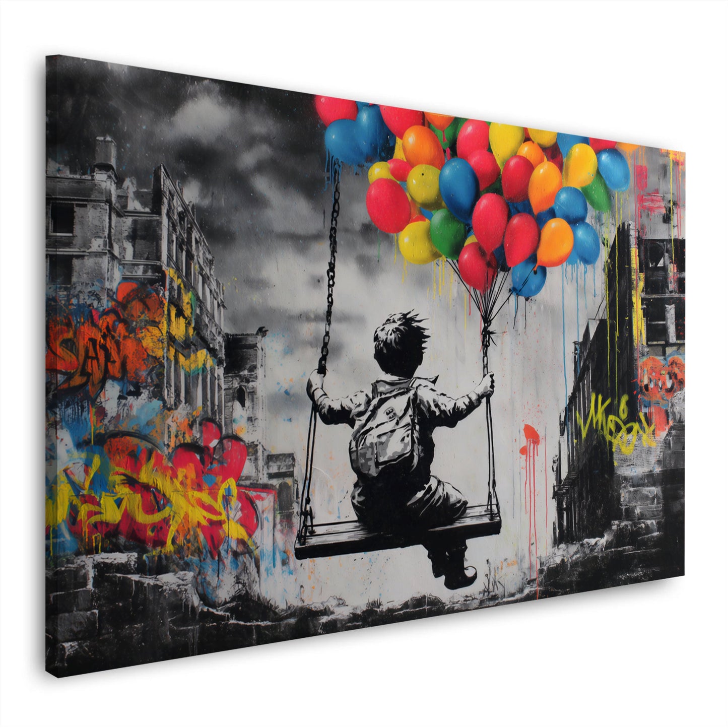Junge auf Schaukel mit Ballons Street Art Wandbild
