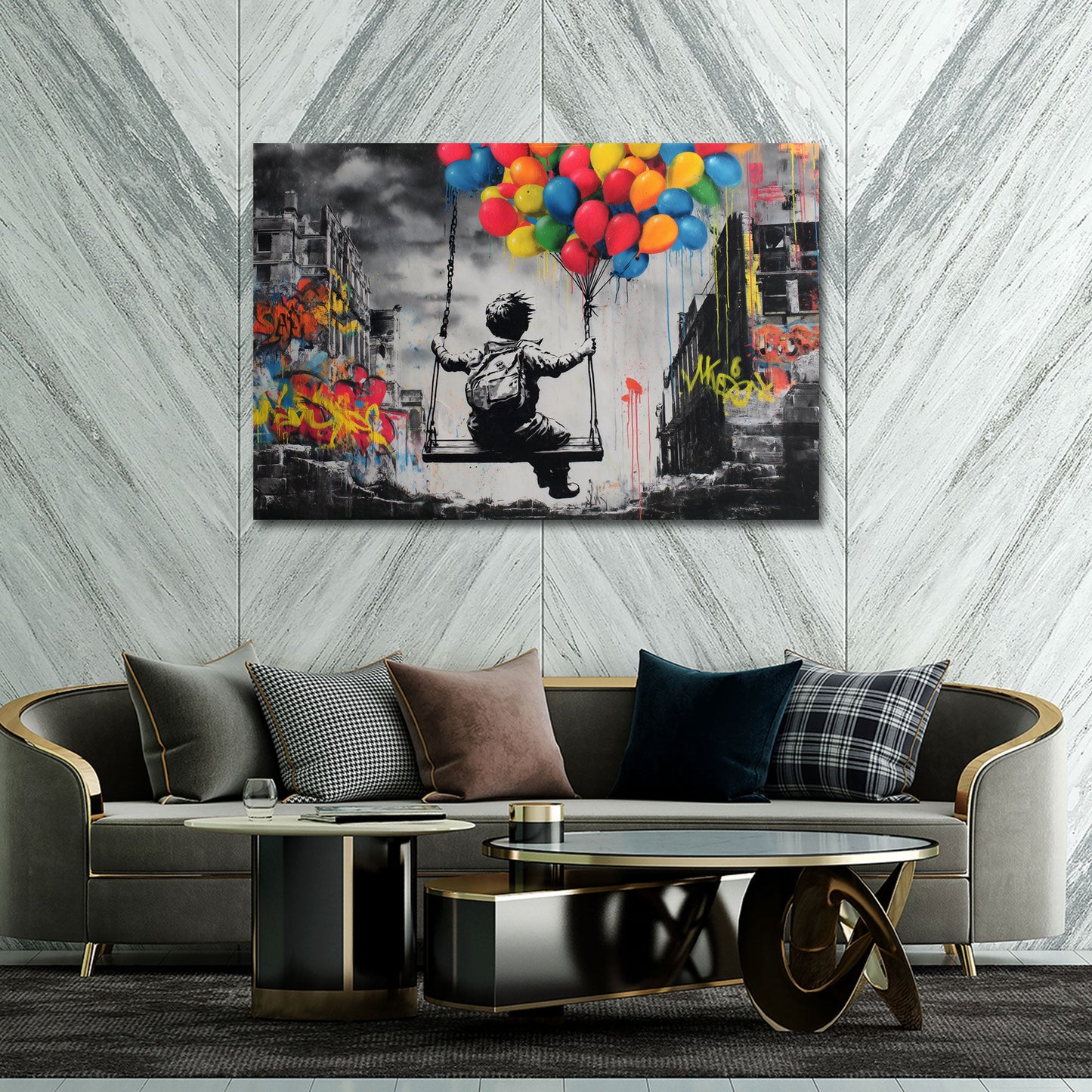 Junge auf Schaukel mit Ballons Street Art Wandbild