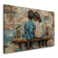 Wandbild Junge und Mädchen auf Holzbank vor Graffitiwand mit Love