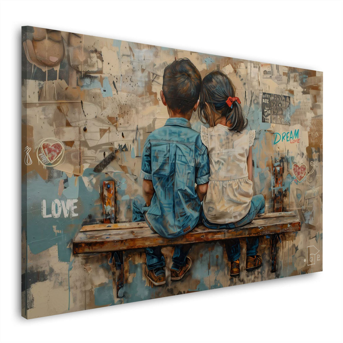 Wandbild Junge und Mädchen auf Holzbank vor Graffitiwand mit Love