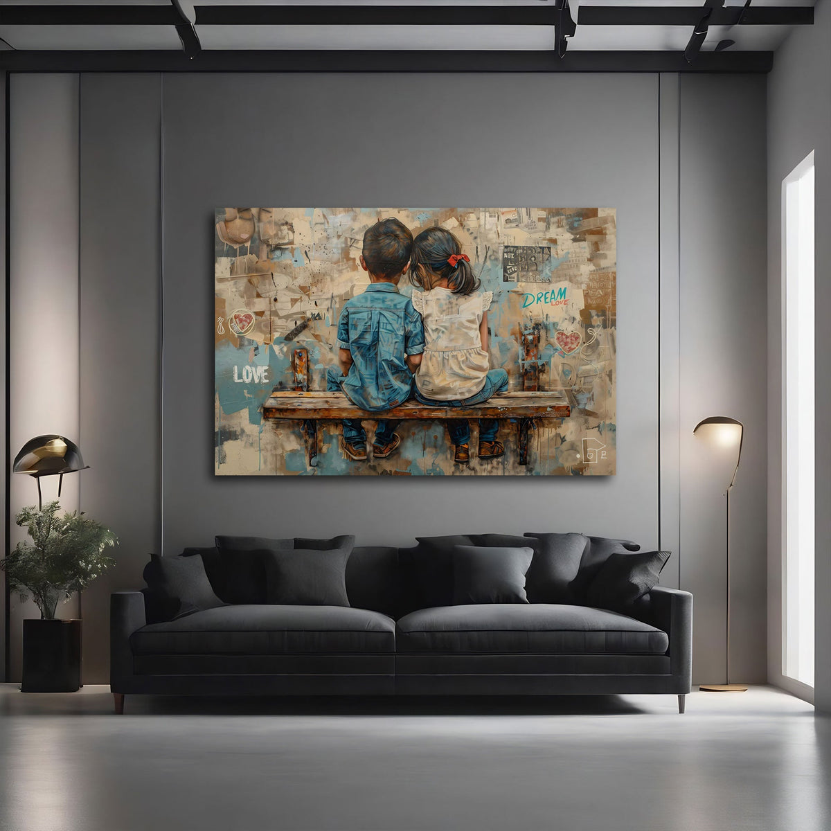 Detailansicht Wandbild mit Kindern auf Bank und Love Schriftzug