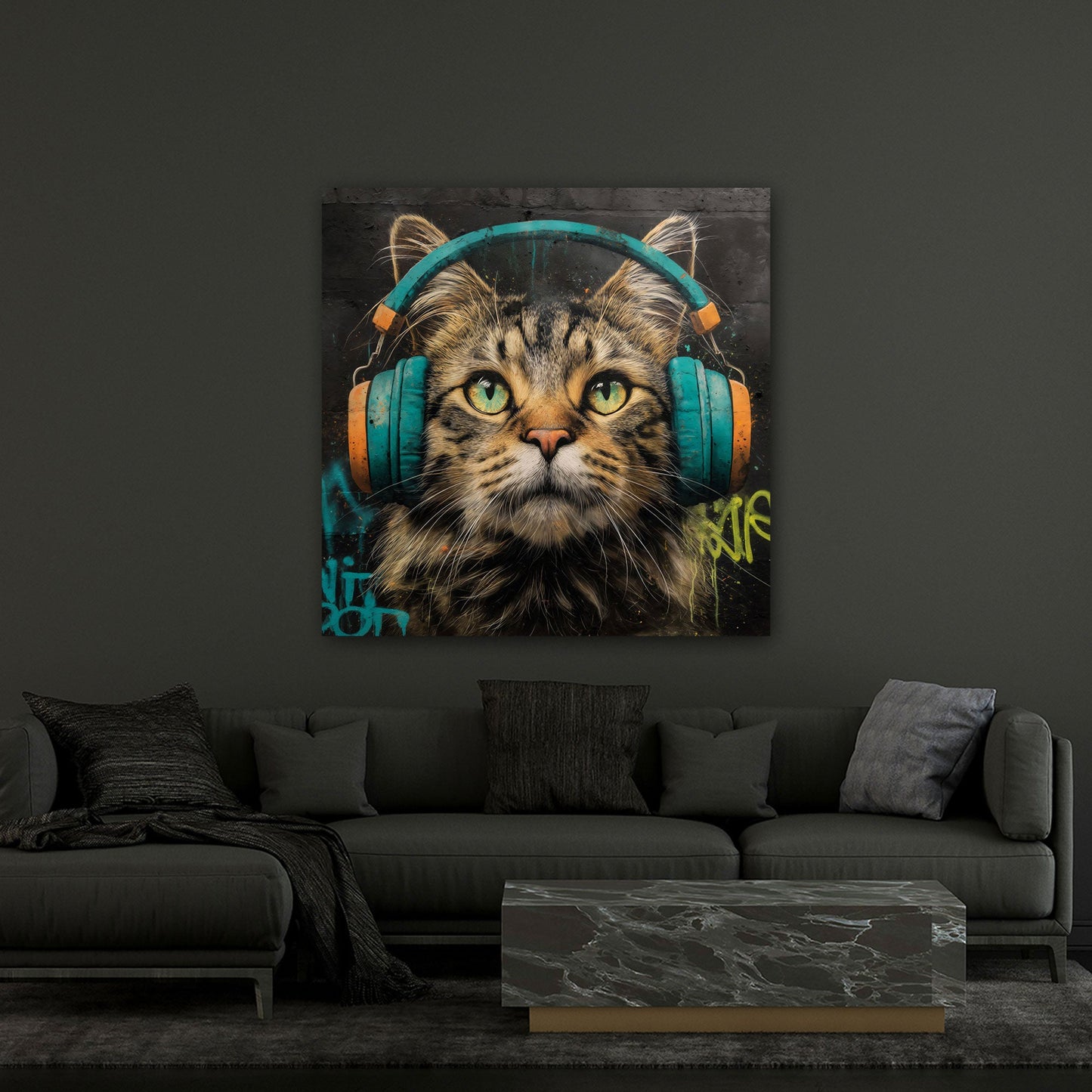 Katze mit Kopfhörer Graffiti in Ölmalerei Wandbild