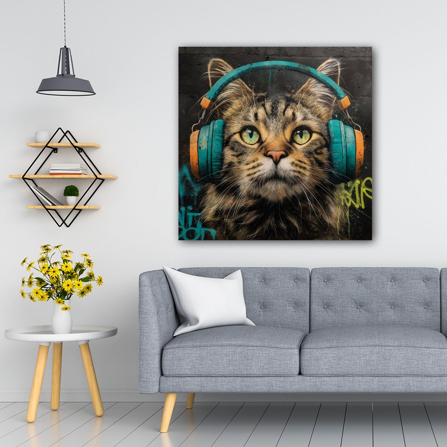 Katze mit Kopfhörer Graffiti in Ölmalerei Wandbild