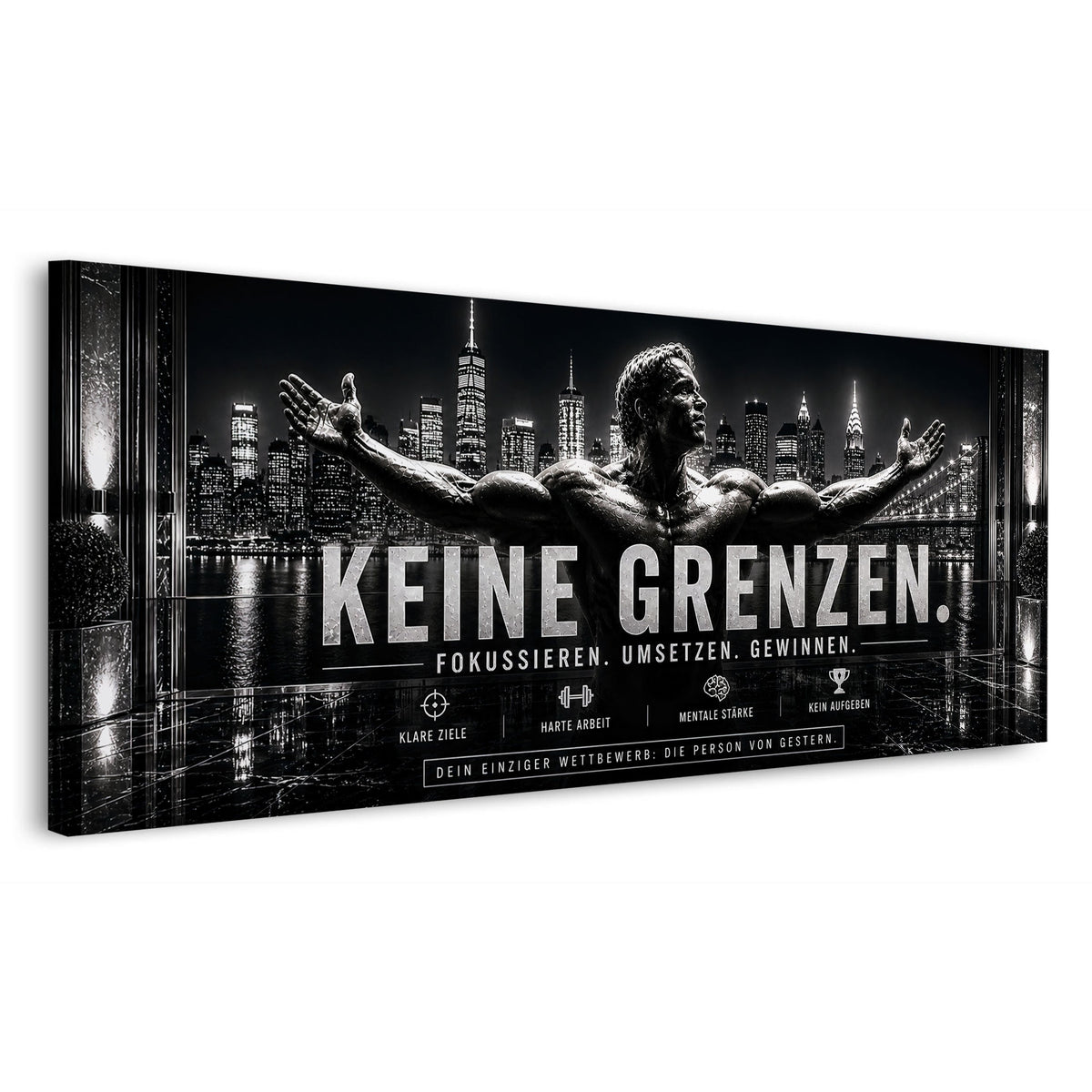 Panorama Wandbild Keine Grenzen mit Athlet und Skyline in Schwarz Weiß