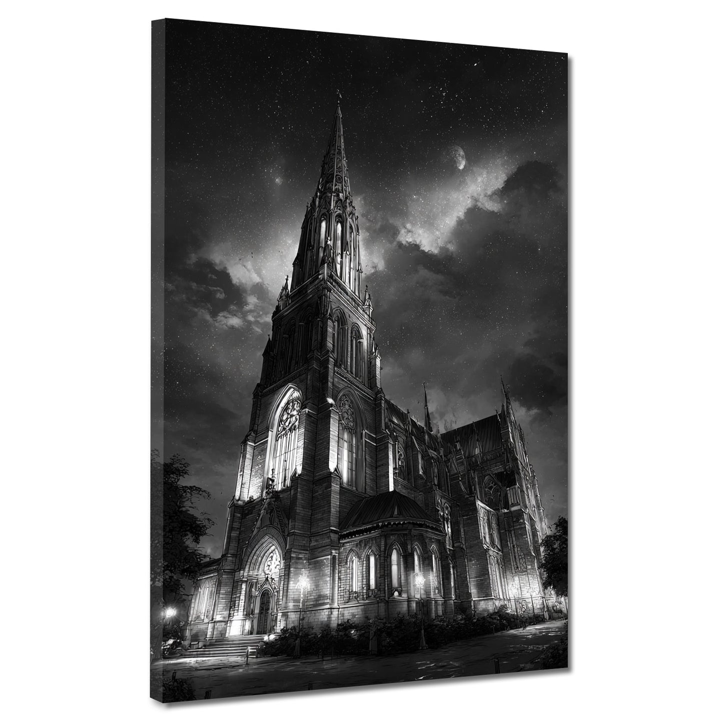 Kirche Schwerin Nachtaufnahme schwarz weiß mit Sternenhimmel Wandbild