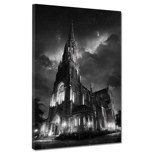 Kirche Schwerin Nachtaufnahme schwarz weiß mit Sternenhimmel Wandbild