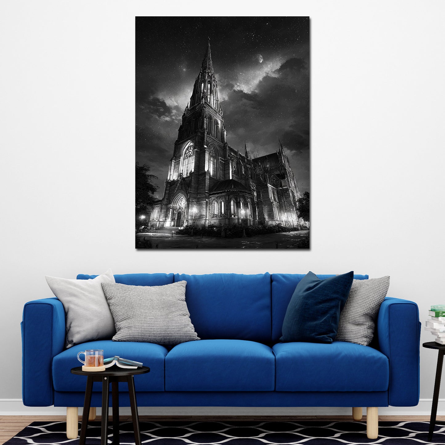 Kirche Schwerin Nachtaufnahme schwarz weiß mit Sternenhimmel Wandbild