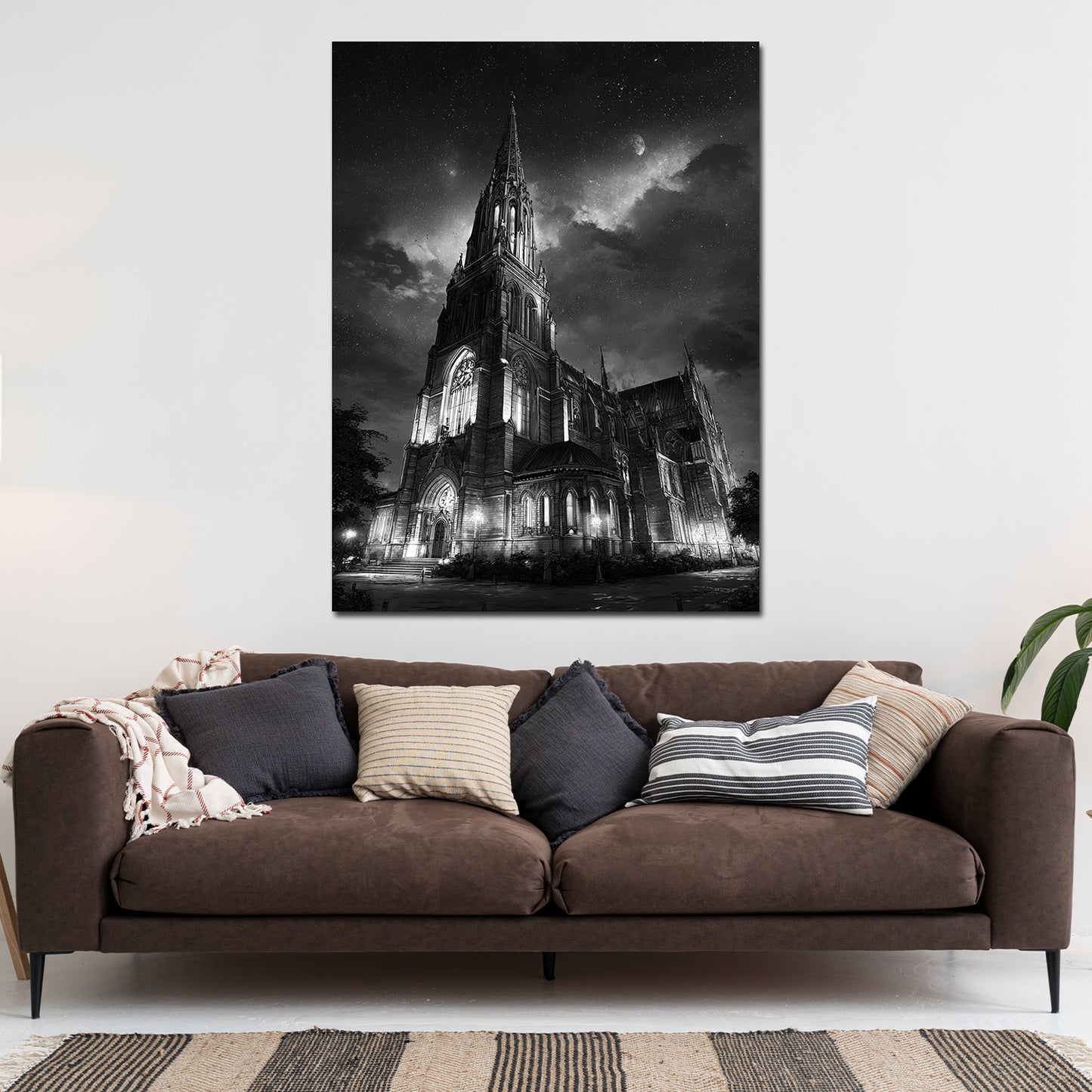 Kirche Schwerin Nachtaufnahme schwarz weiß mit Sternenhimmel Wandbild