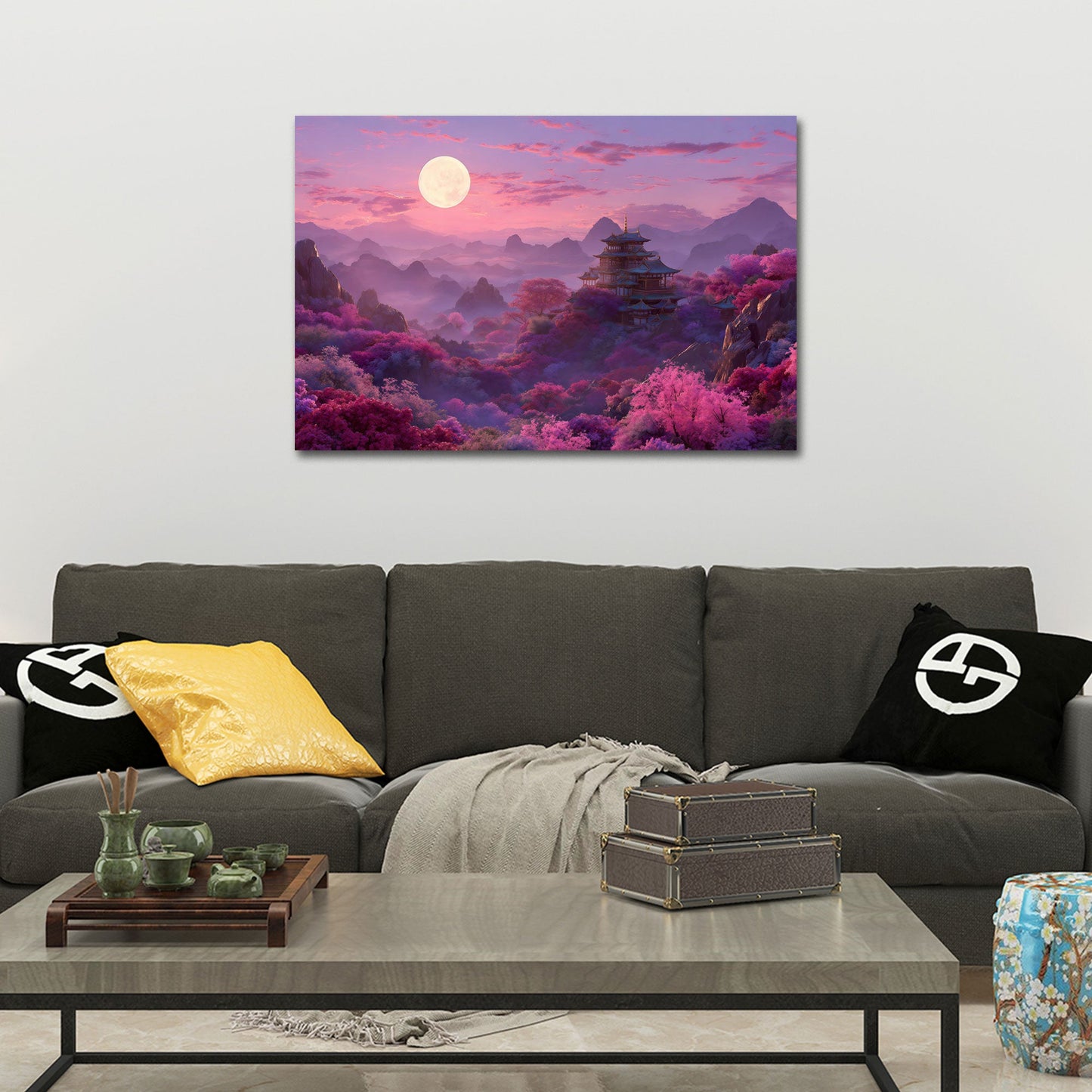 Kirschblüten und Pagode im sanften Mondlicht Wandbild