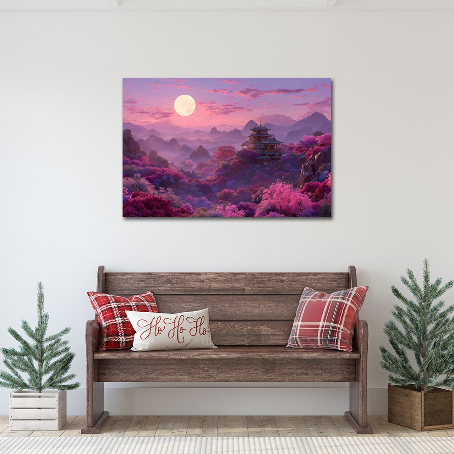 Kirschblüten und Pagode im sanften Mondlicht Wandbild