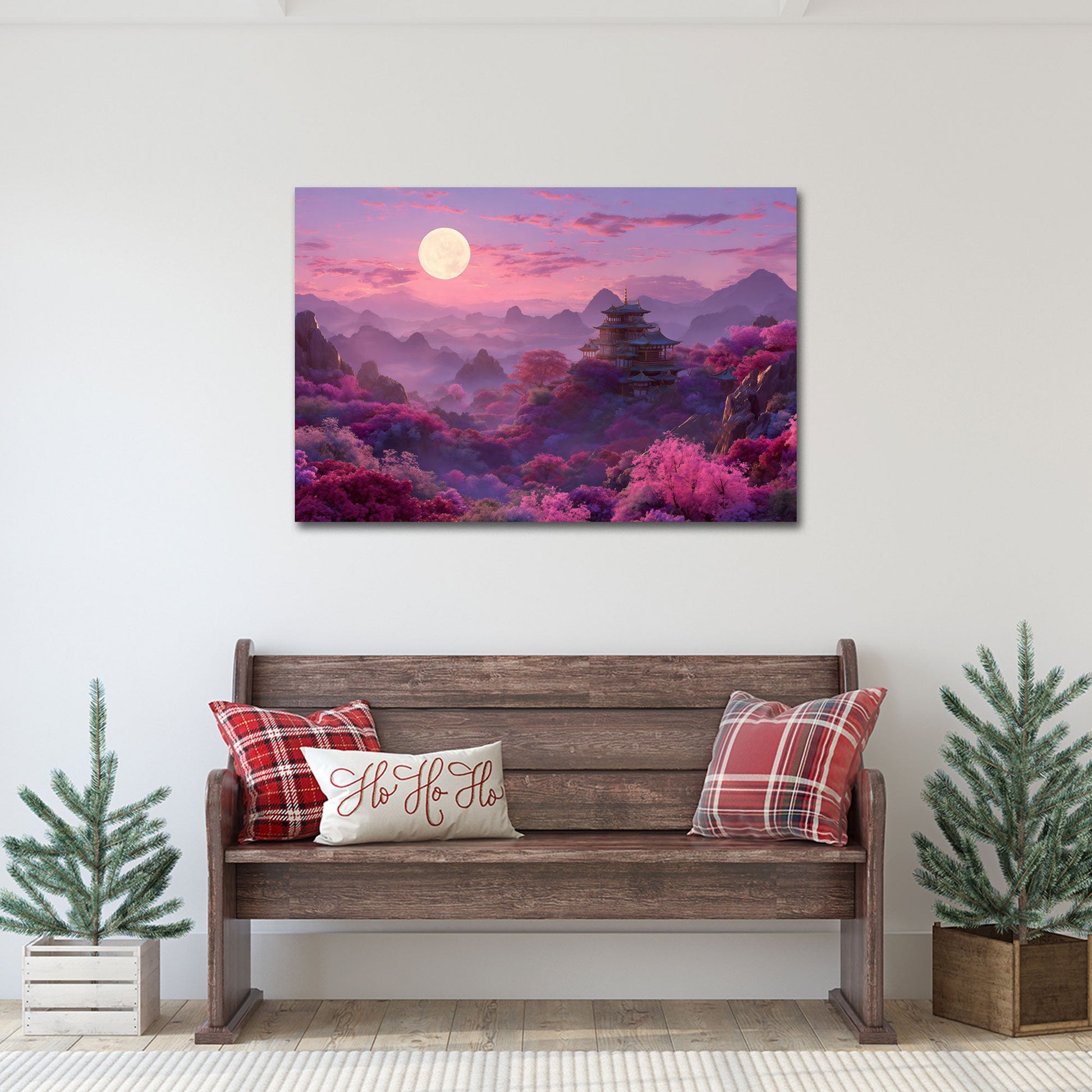 Kirschblüten und Pagode im sanften Mondlicht Wandbild