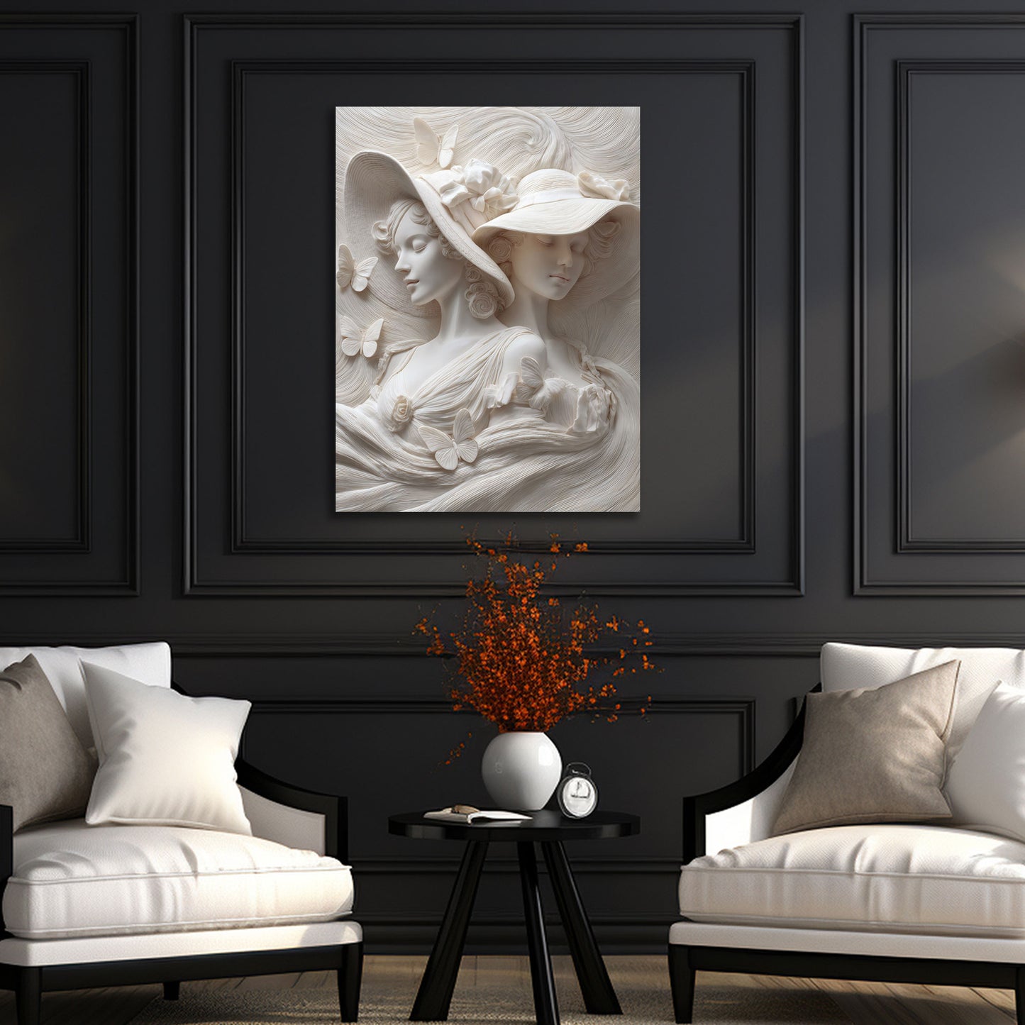 Klassische Frauenreliefs mit Hüten und Schmetterlingen Wandbild