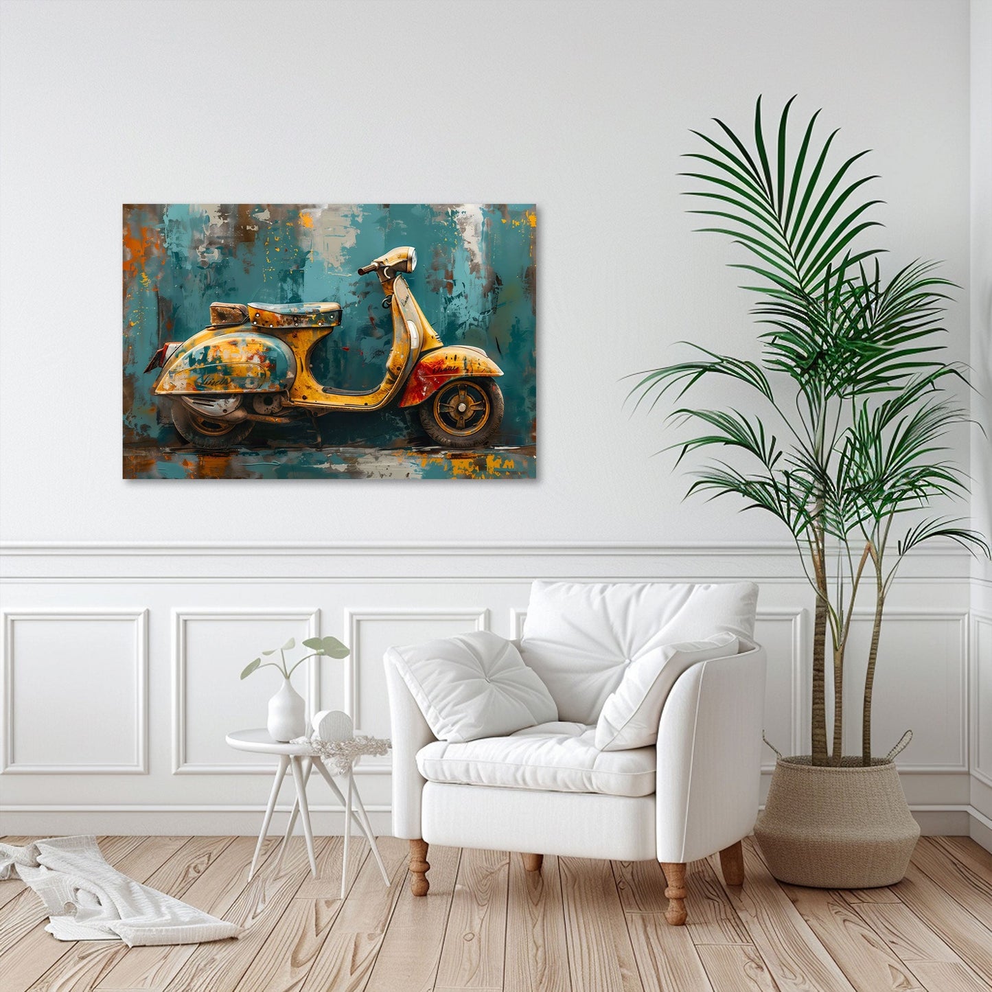 Vintage Roller Wandbild über dem Sofa im Wohnzimmer