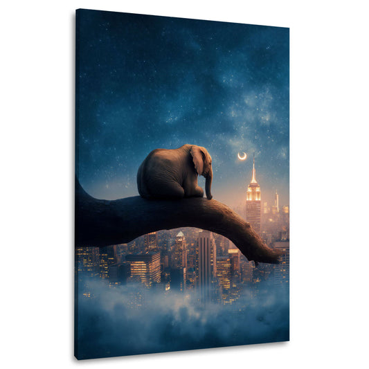 Kleiner Elefant auf Ast unter dem Sternenhimmel Wandbild