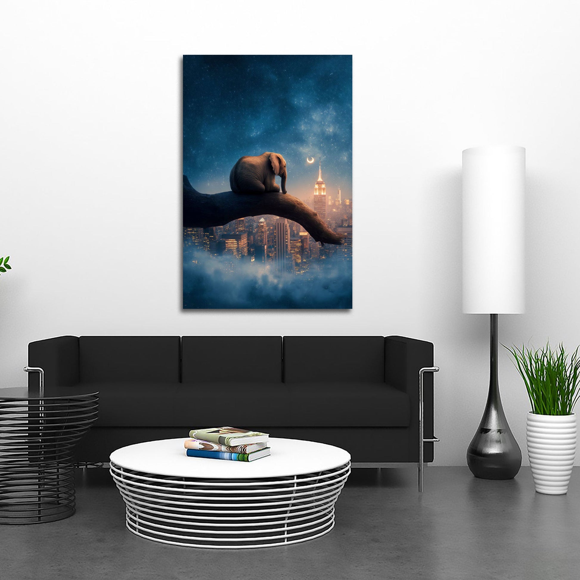 Kleiner Elefant auf Ast unter dem Sternenhimmel Wandbild