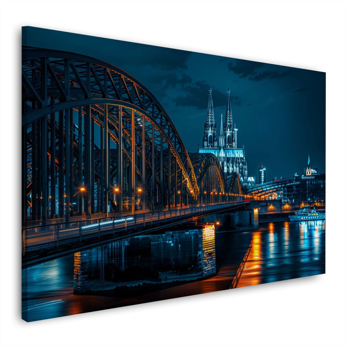 Wandbild Köln bei Nacht mit Brücke, Dom und Lichtern